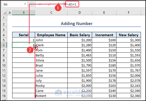 adding number to automatically number rows in Excel