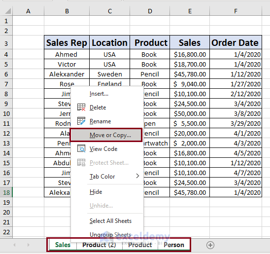 copy multiple sheet by right click