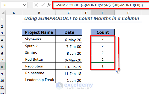 Utilizing the Autofill feature to fill up the range of cell E4:E8 with month count