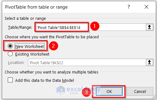 Select Data for Pivot Table