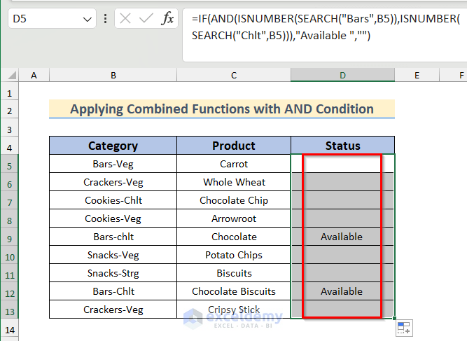 Values Found After Checking Cells Contains Text Using Combined Functions with AND Condition