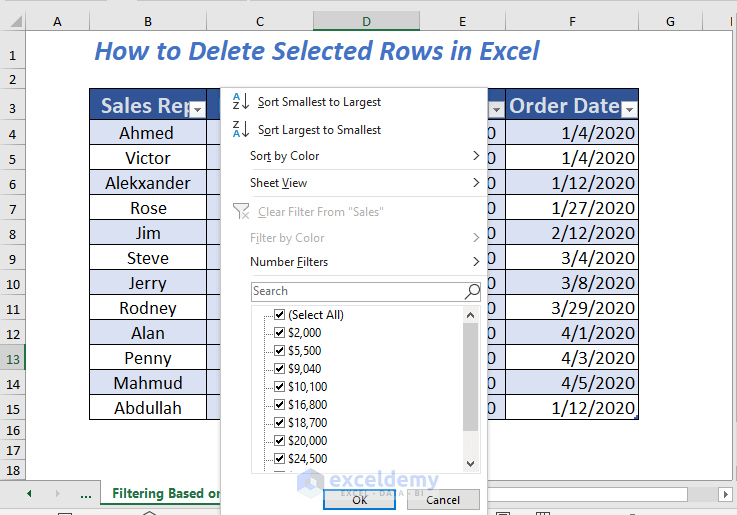 Using filter to delete selected rows