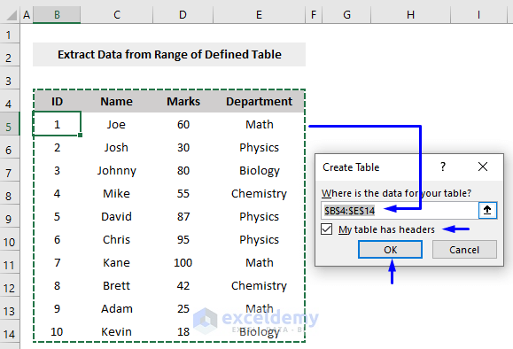 extract data from excel defined table based on range criteria