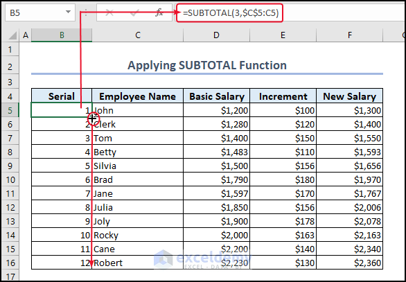 Applying SUBTOTAL Function to automatically number rows in Excel