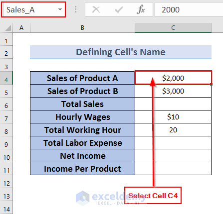 Defining Cells Name to Create a Formula in Excel