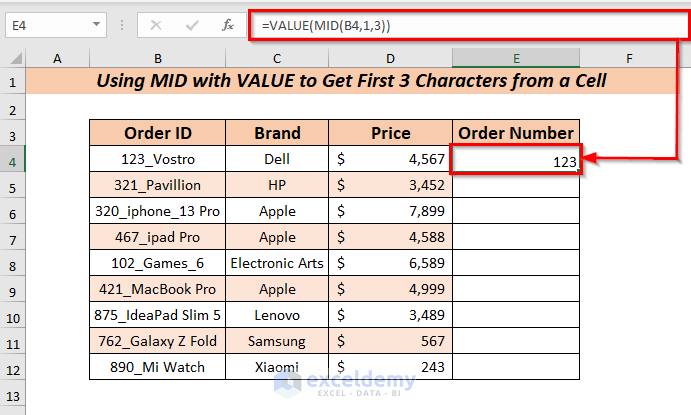 Using MID with VALUE Function to extract first 3 characters from a cell 