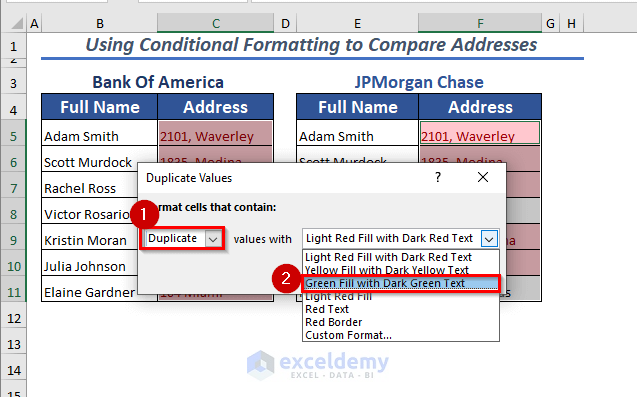 Using Conditional Formatting to Compare Addresses