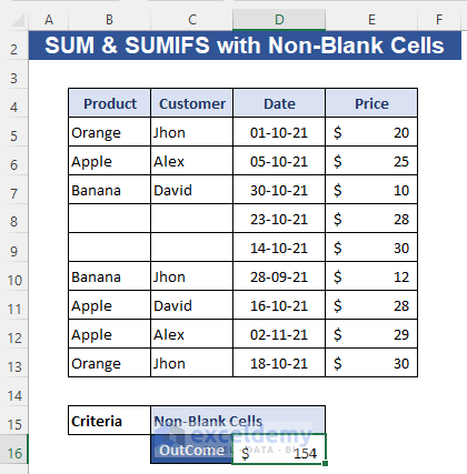 Excel SUMIFS with Non-Blank Cells Criteria along Column & Row