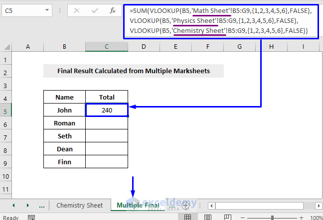 vlookup sum for multiple sheets