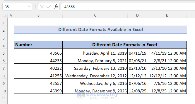 3 examples of variation od date formats in Excel