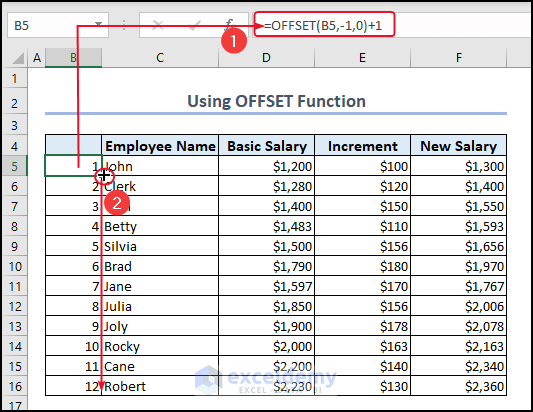 Using OFFSET Function to automatically number rows in Excel
