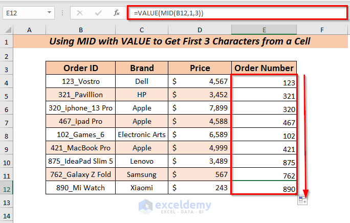 Utilizing the Autofill feature to fill the range of cell E4:E12 with order number