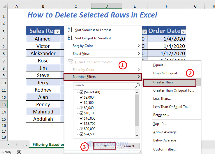 Using Filter to delete selected rows depending on numeric value