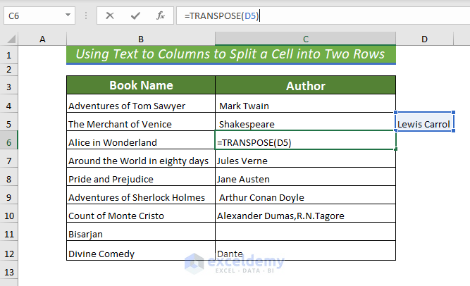 Using Text to Columns with TRASPOSE to Split a Cell into Two Rows