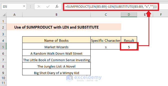 Using SUMPRODUCT with LEN and SUBSTITUTE