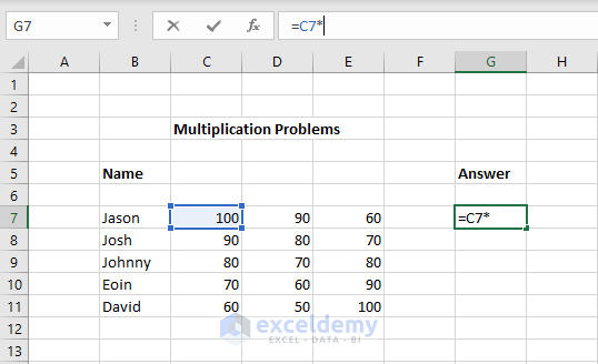 Selecting first cell for the Formula for Multiplication in Excel for Multiple Cells
