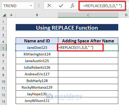 Using REPLACE function to Add Space Between Text in Excel Cell