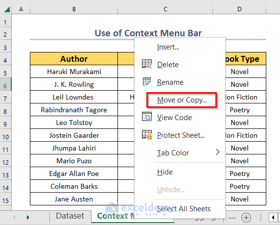 Using Context Menu Bar to Copy a Sheet in Excel