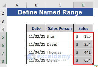 Select cells to define name range