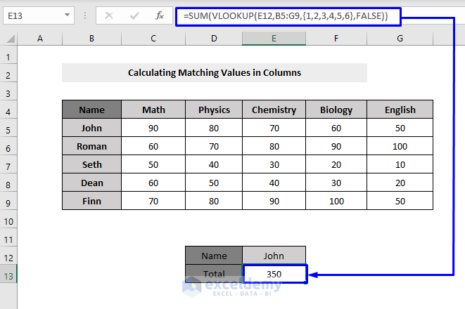 vlookup sum to calculate matching values in columns