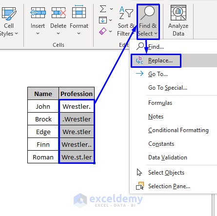 find & replace to remove characters characters in excel