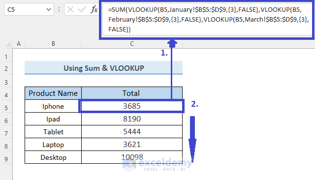 Using the VLOOKUP and SUM Functions to Lookup and Sum Data Across Multiple Sheets: Result