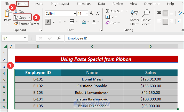 Use Paste Special from Ribbon