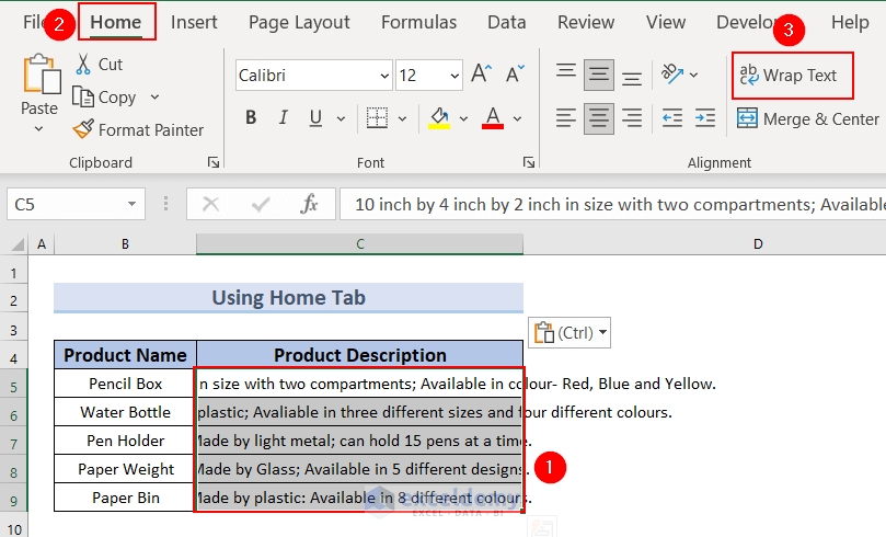 Using Home Tab to Wrap the Text in a Cell in Excel