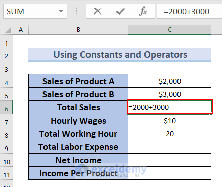 Using Constants and Operators to Create a Formula in Excel