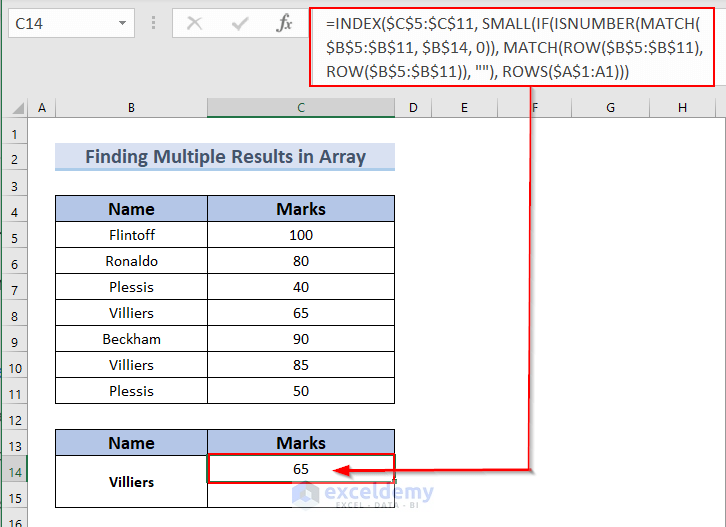 Typing Formula in cell C14  to Use INDEX-MATCH Formula in Excel to Generate Multiple Results