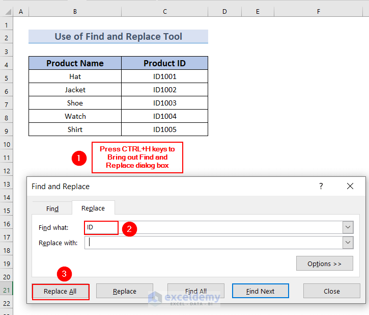  Using Find and Replace Dialog Box to Replace Text from Excel Cell
