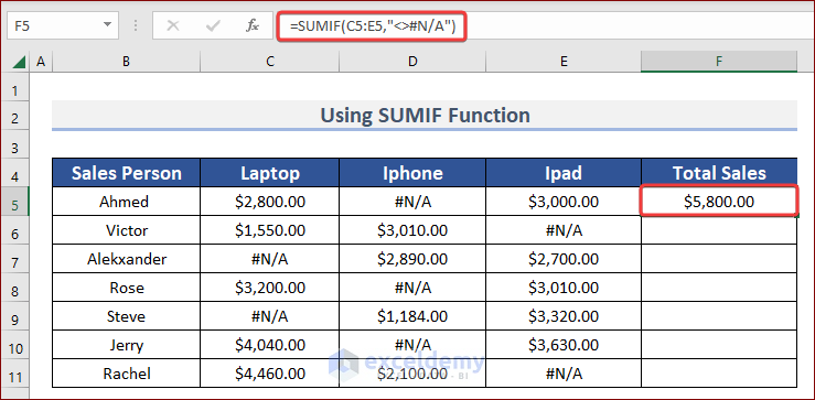 Use SUMIF Function to SUM Ignore N/A