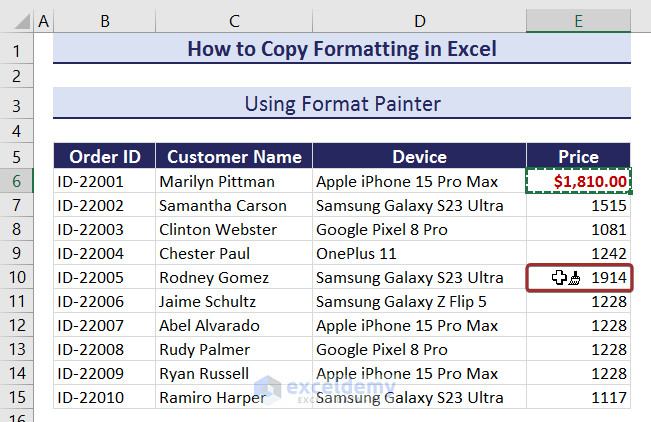 Selecting a Cell for Copy Formatting