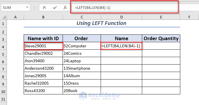 Using left Function to remove right characters