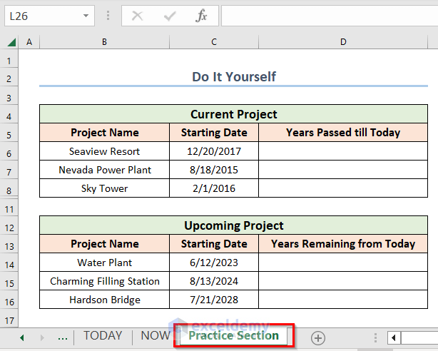 Practice Section to Calculate Years in Excel from Today