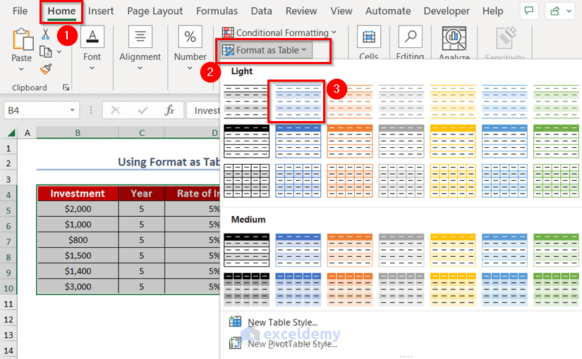 Using Format as Table Feature to Create Data Table in Excel