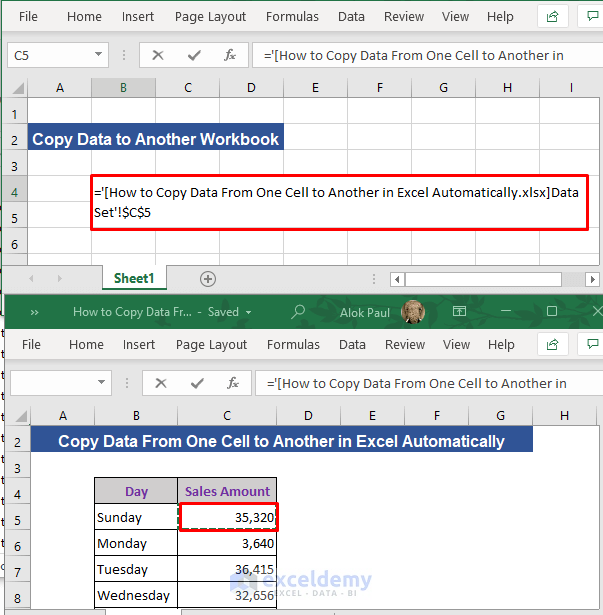 Select cell of source workbook to copy data from one to another.