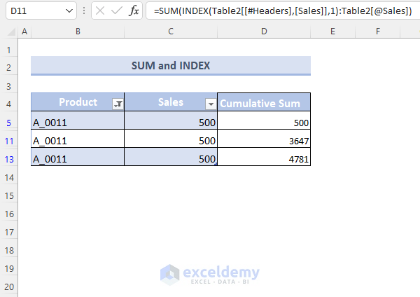 Result of filtering using SUM and INDEX