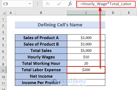 Multiplying Cells by Defing Names to Create a Formula in Excel