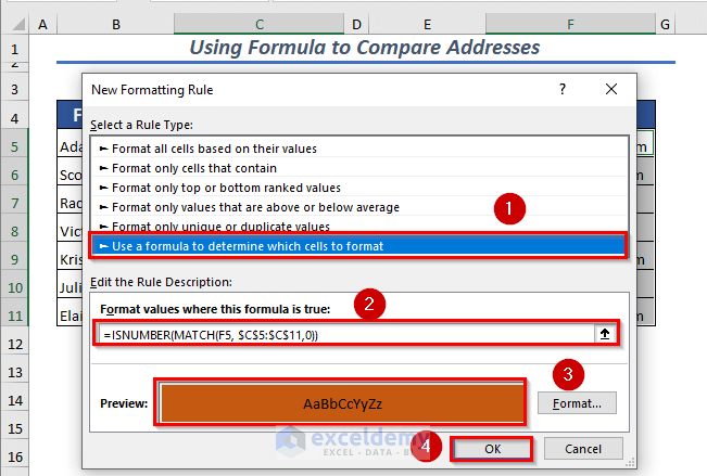 Conditional Formatting with Formula to Compare Addresses
