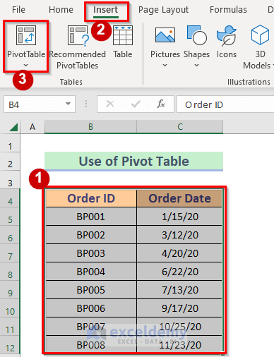 Inserting Pivot Table