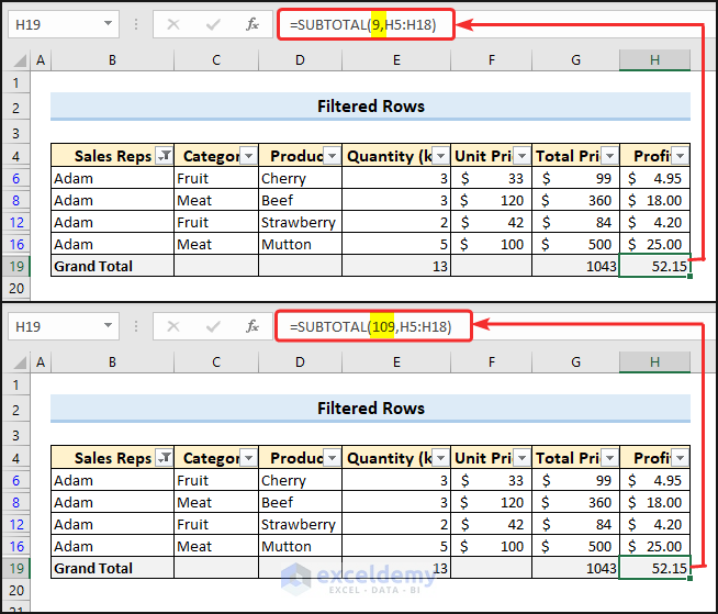 SUBTOTAL function ignoring filtered rows