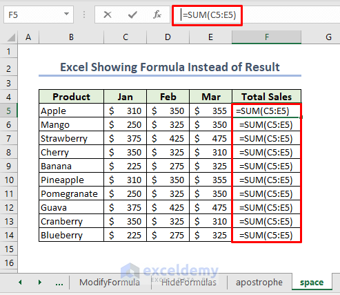 Total Sales column showing formulas due to space in the front
