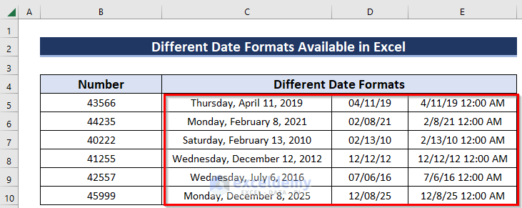 Different Date Formats in Excel