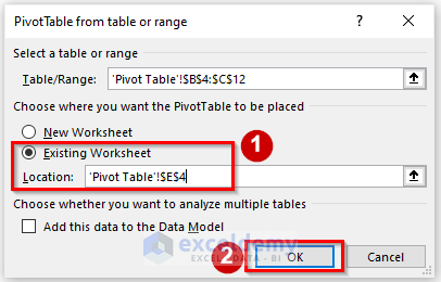 Setting the Location for Pivot Table