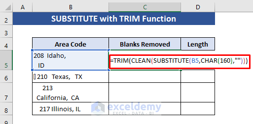 SUBSTITUTE with TRIM Function to remove Blank Characters