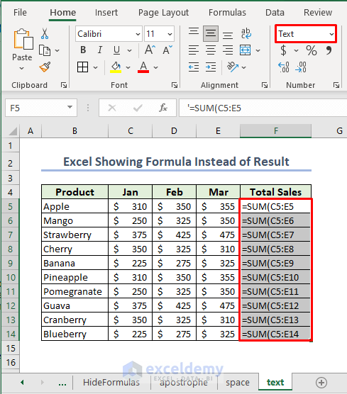 Total Sales column showing formulas due to Text format