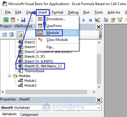 Selecting Module from insert tab for VBA macro Color code 