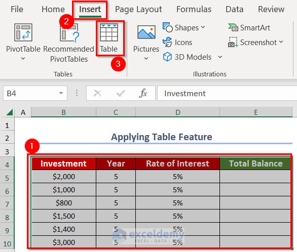 Employing Create Table Feature in Excel