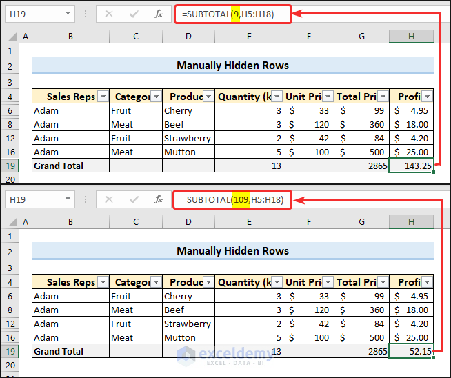 Subtotal function for manually hidden rows